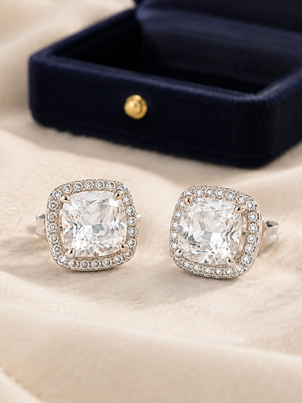 CZ Sterling Silver Cushion Cut Stud Earrings Sparkly Bridal NEW